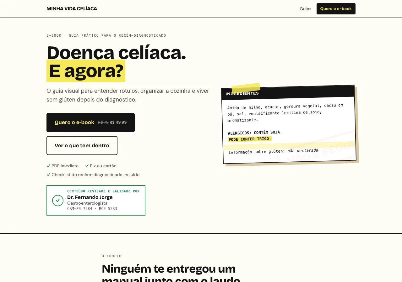Home page of minhavidaceliaca.com.br, headlined Doença celíaca. E agora?